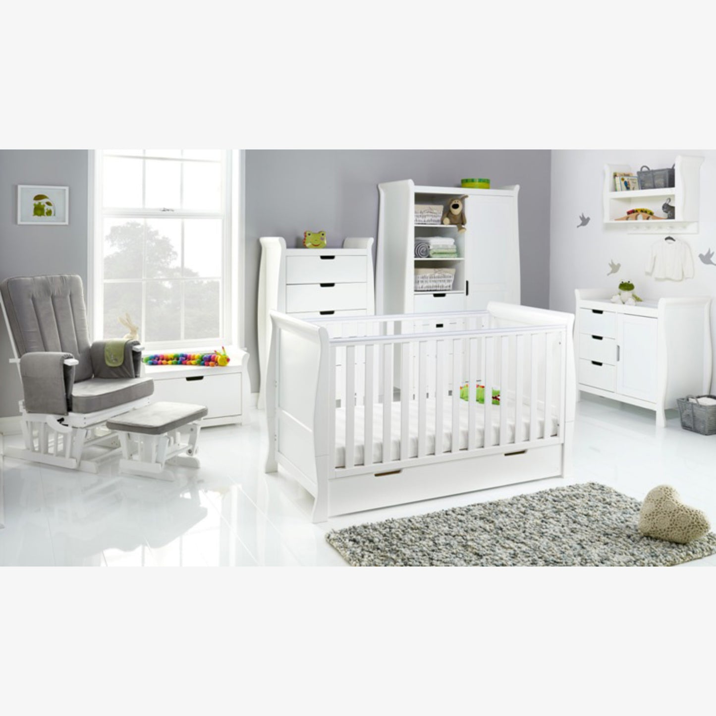 Obaby Stamford Classic 7 Piece Room Set with Cot Bed, Dresser, Tall Chest, Toy Box, Shelf, Wardrobe, Glider Chair