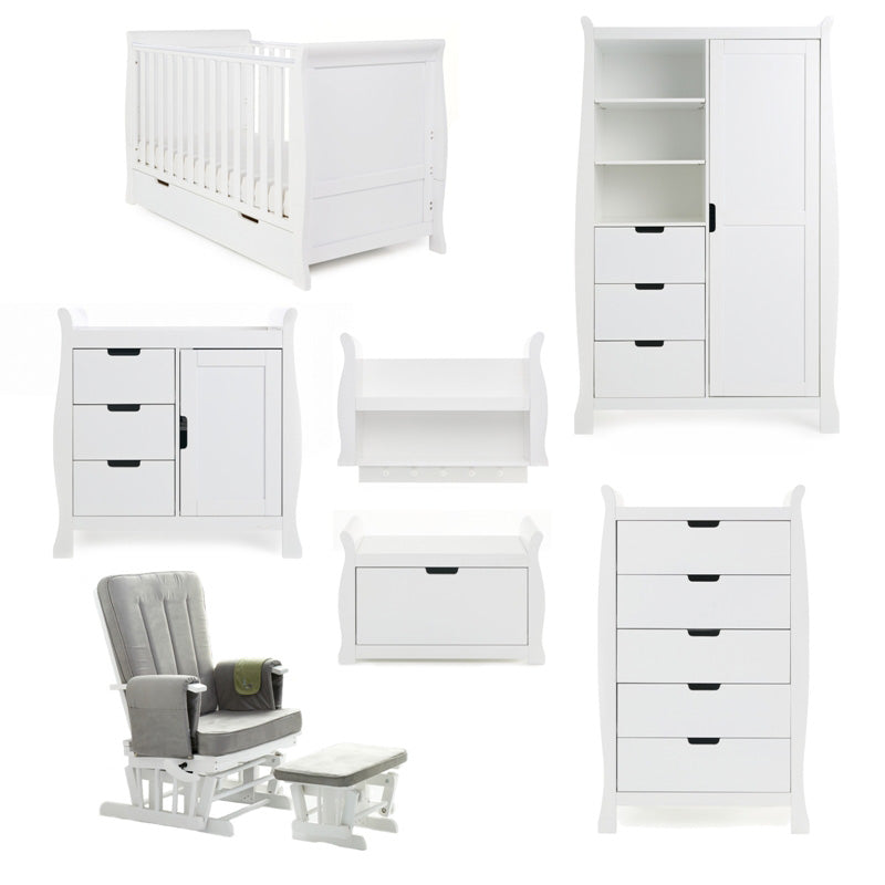 Obaby Stamford Classic 7 Piece Room Set with Cot Bed, Dresser, Tall Chest, Toy Box, Shelf, Wardrobe, Glider Chair