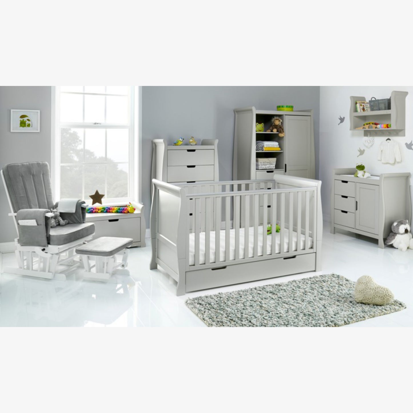 Obaby Stamford Classic 7 Piece Room Set with Cot Bed, Dresser, Tall Chest, Toy Box, Shelf, Wardrobe, Glider Chair