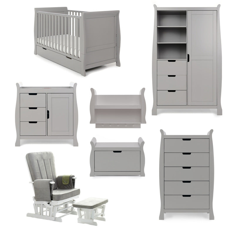 Obaby Stamford Classic 7 Piece Room Set with Cot Bed, Dresser, Tall Chest, Toy Box, Shelf, Wardrobe, Glider Chair
