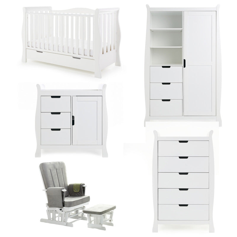 Obaby Stamford Luxe 5 Piece Room Set with Cot Bed, Dresser, Tall Chest, Wardrobe, Glider Chair