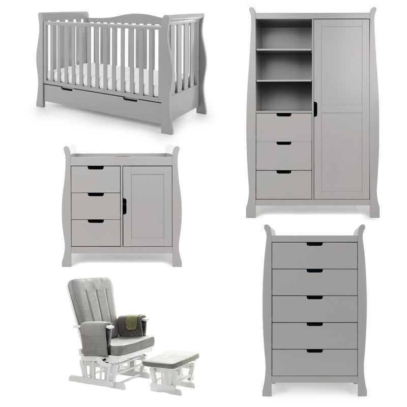 Obaby Stamford Luxe 5 Piece Room Set with Cot Bed, Dresser, Tall Chest, Wardrobe, Glider Chair