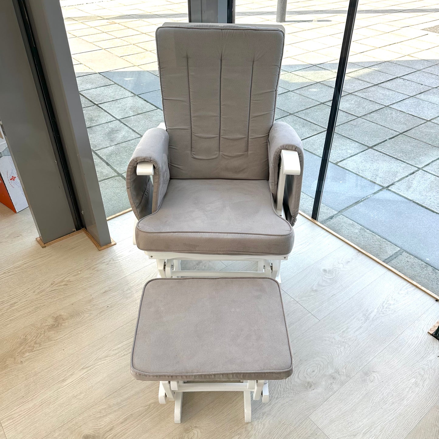 Ex Display Obaby Deluxe Reclining Glider Chair and Stool - White with Grey Cushion