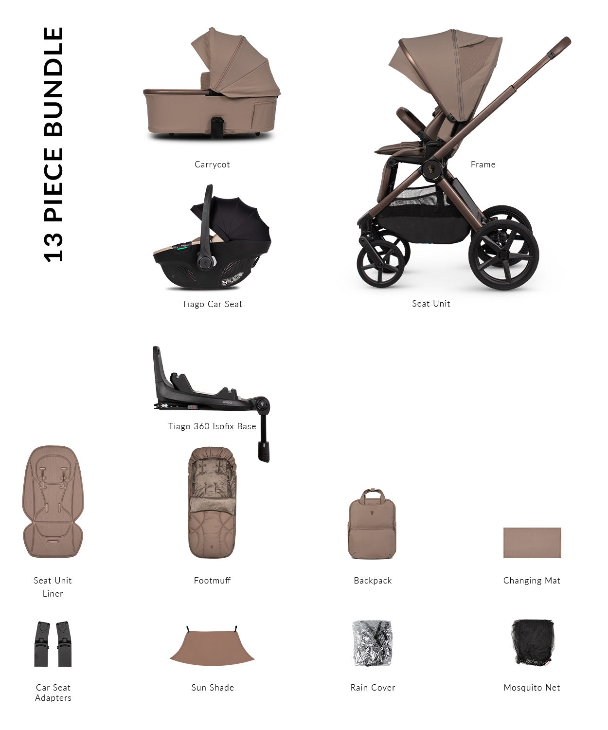 Venicci Upline 3 - 4-in-1 Luxury Travel System Bundle with Tiago 360 Infant Car Seat & Base
