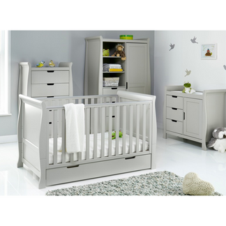 Obaby Stamford Classic 4 Piece Room Set with Cot Bed, Dresser, Tall Chest & Wardrobe