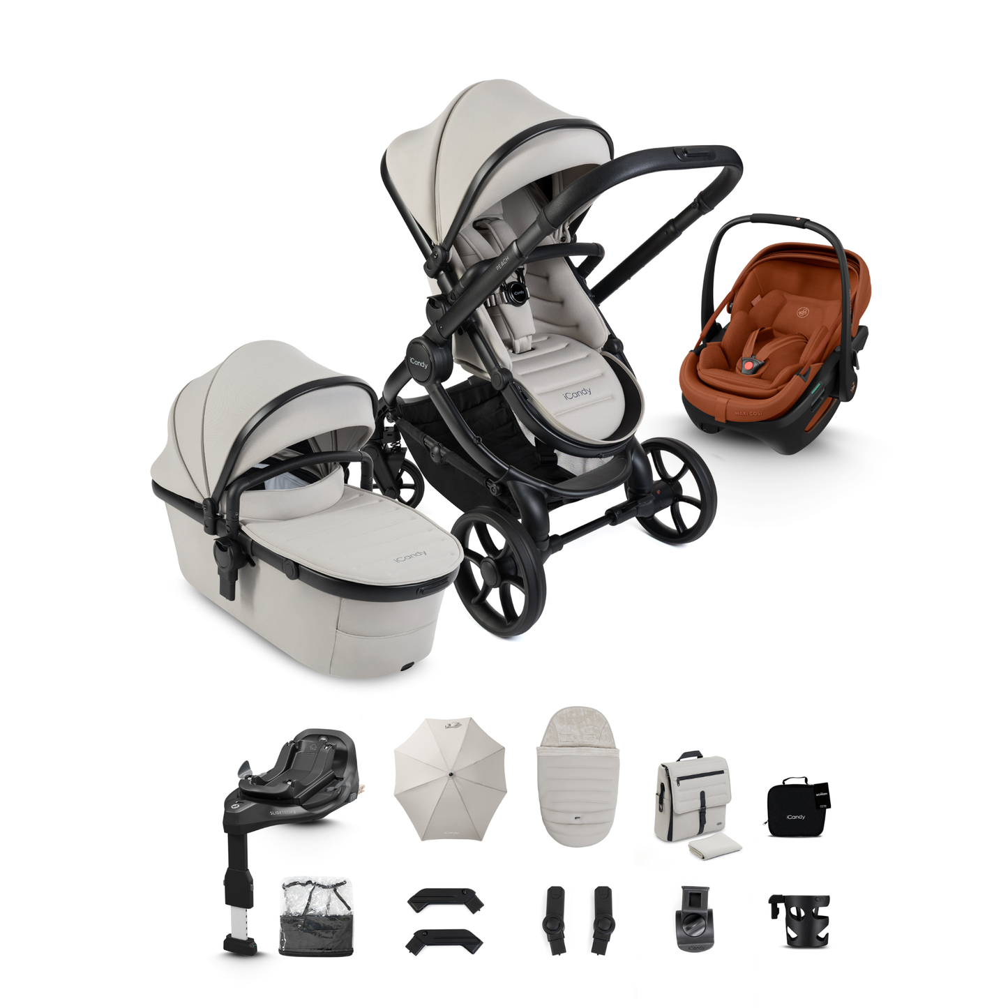 iCandy Peach 8 Complete Travel System Bundle with Maxi Cosi Coral Slide Pro Infant Car Seat & Isofix Base