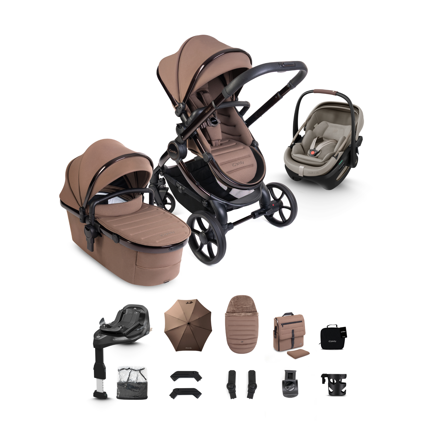 iCandy Peach 8 Complete Travel System Bundle with Maxi Cosi Coral Slide Pro Infant Car Seat & Isofix Base