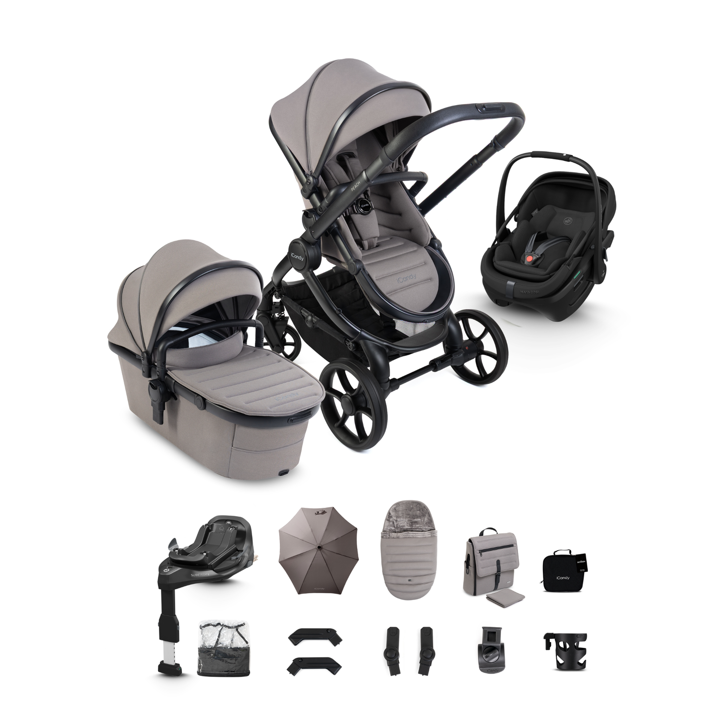 iCandy Peach 8 Complete Travel System Bundle with Maxi Cosi Coral Slide Pro Infant Car Seat & Isofix Base