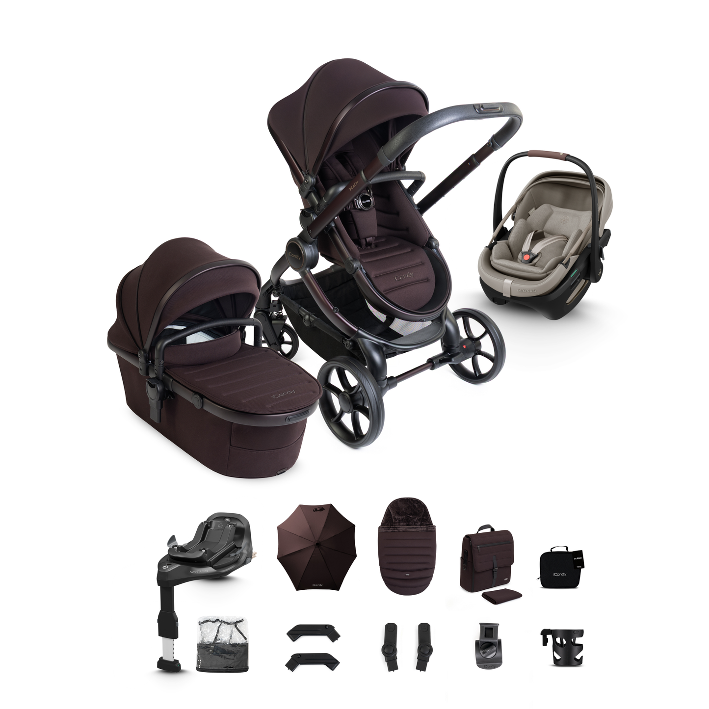 iCandy Peach 8 Complete Travel System Bundle with Maxi Cosi Coral Slide Pro Infant Car Seat & Isofix Base