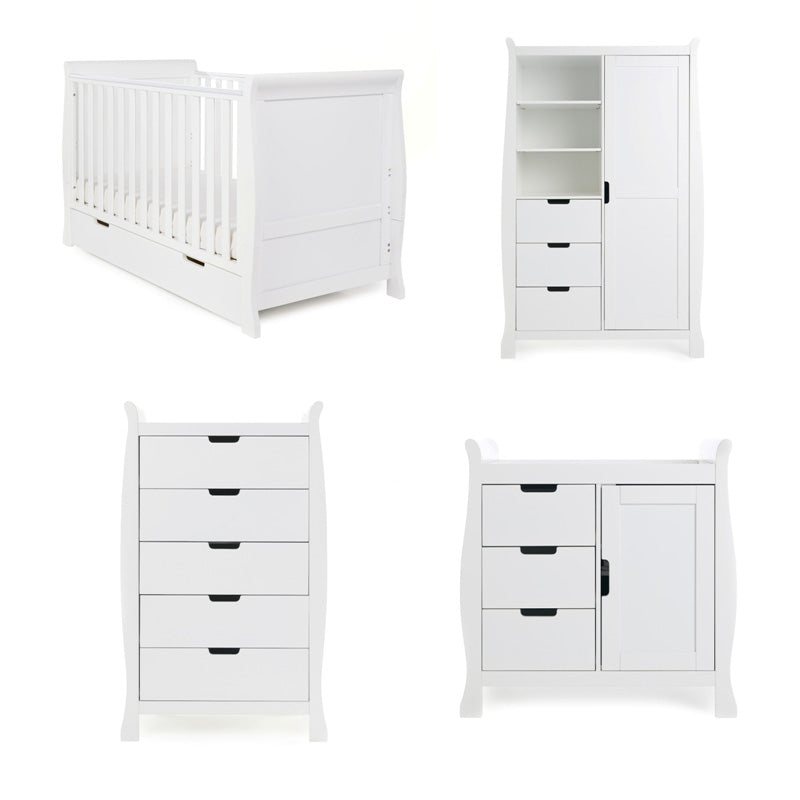 Obaby Stamford Classic 4 Piece Room Set with Cot Bed, Dresser, Tall Chest & Wardrobe