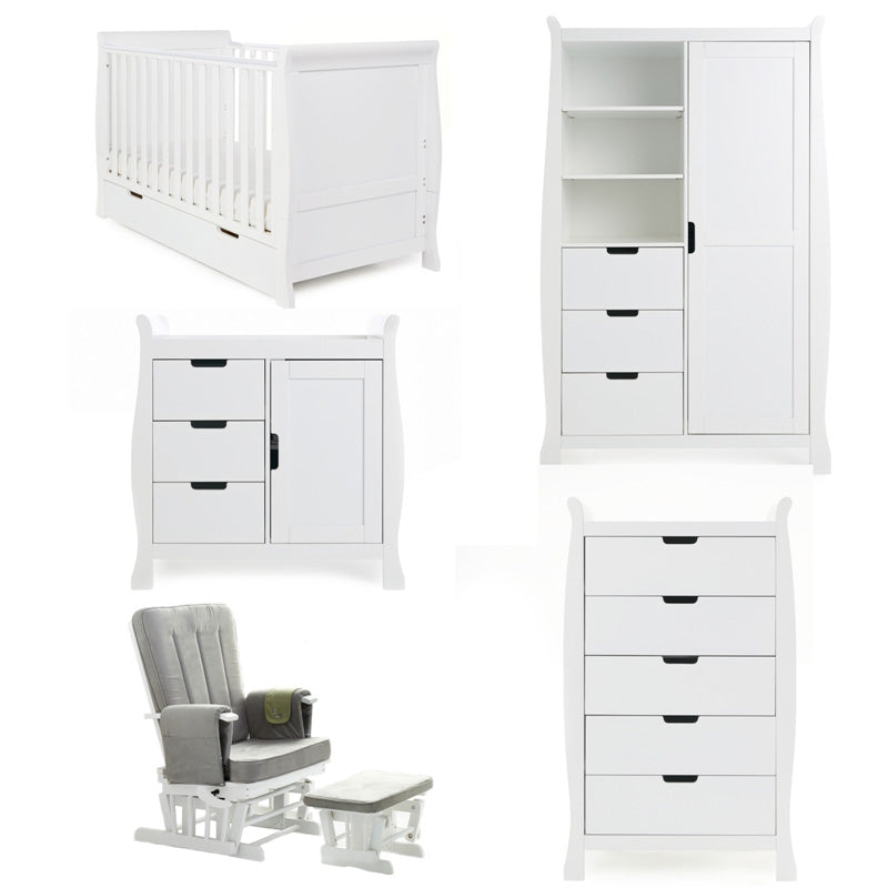 Obaby Stamford Classic 5 Piece Room Set with Cot Bed, Dresser, Tall Chest, Wardrobe & Glider Chair