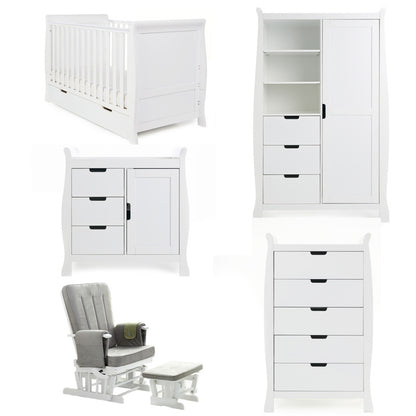 Obaby Stamford Classic 5 Piece Room Set with Cot Bed, Dresser, Tall Chest, Wardrobe & Glider Chair