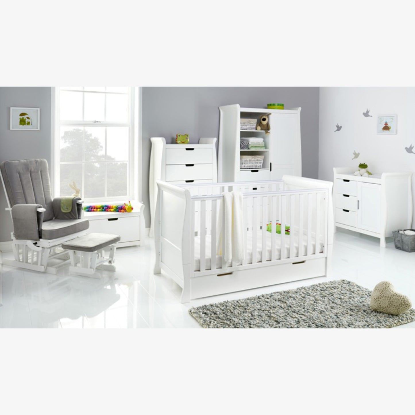 Obaby Stamford Classic 5 Piece Room Set with Cot Bed, Dresser, Tall Chest, Wardrobe & Glider Chair