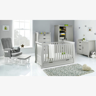 Obaby Stamford Classic 5 Piece Room Set with Cot Bed, Dresser, Tall Chest, Wardrobe & Glider Chair