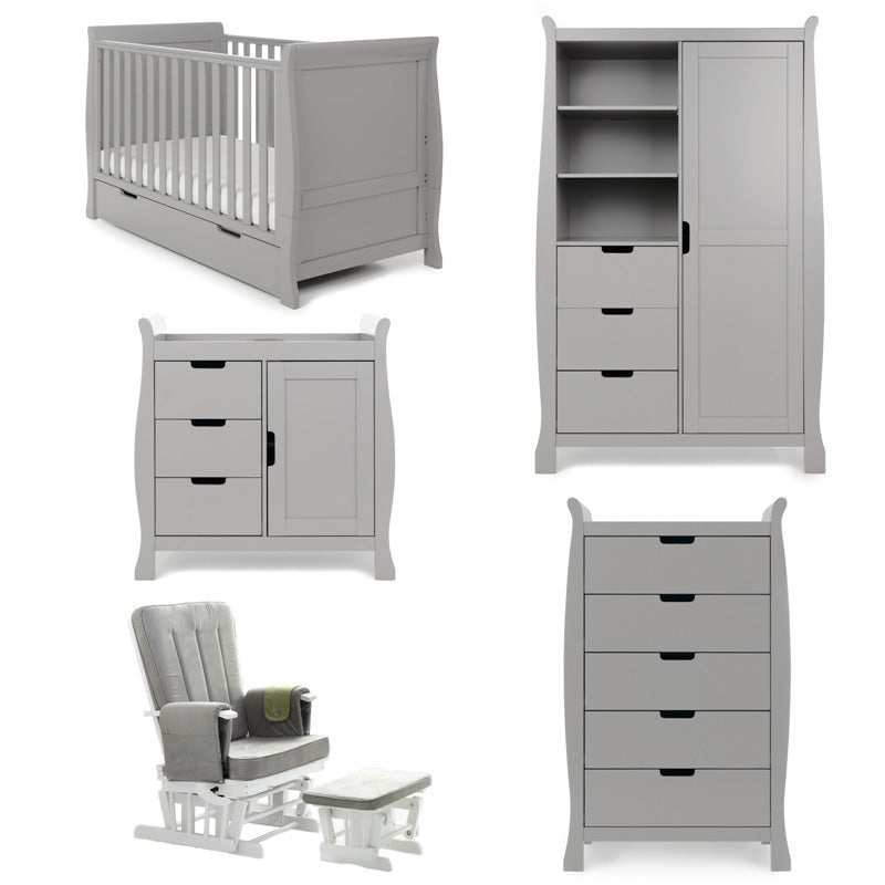 Obaby Stamford Classic 5 Piece Room Set with Cot Bed, Dresser, Tall Chest, Wardrobe & Glider Chair
