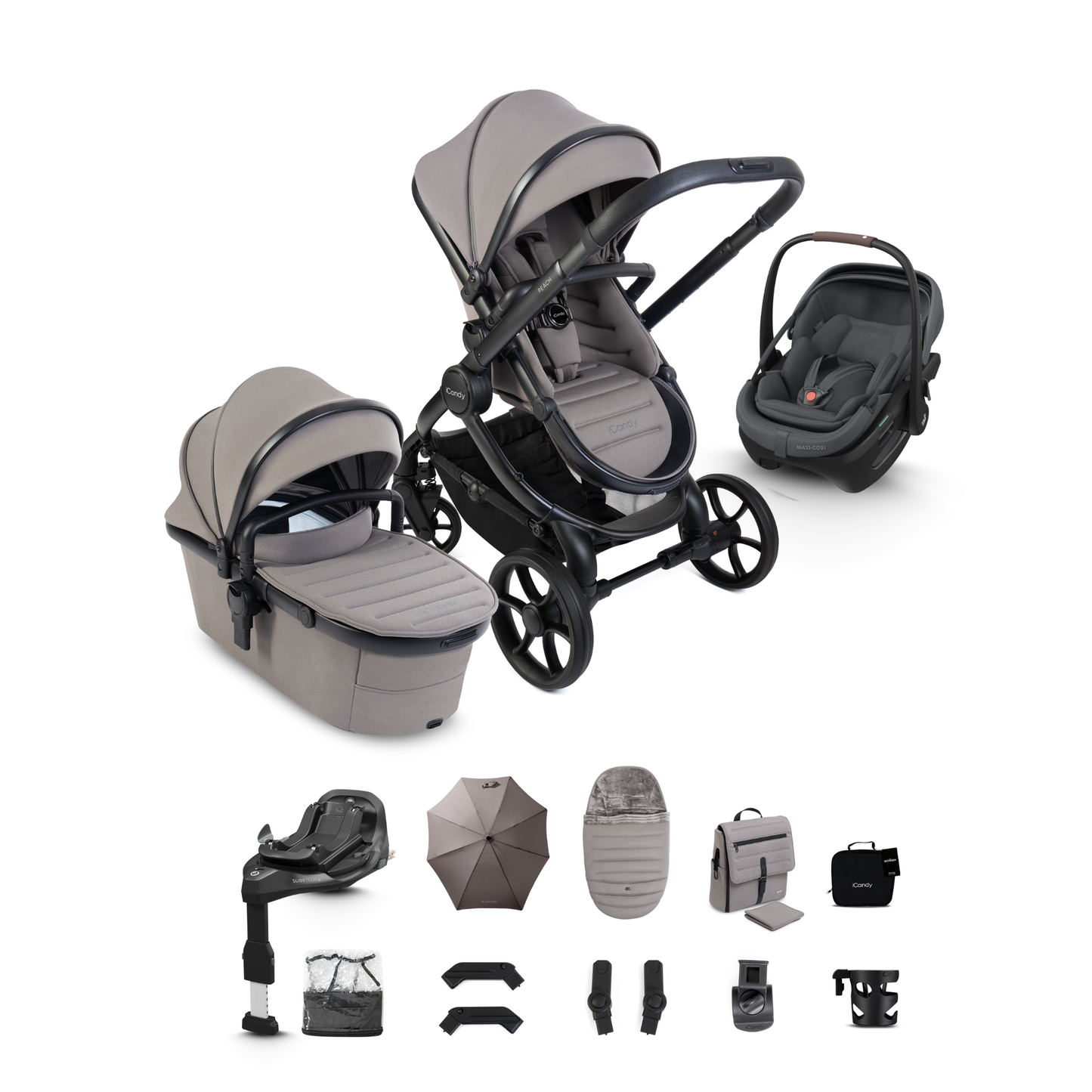 iCandy Peach 8 Complete Travel System Bundle with Maxi Cosi Coral Slide Pro Infant Car Seat & Isofix Base