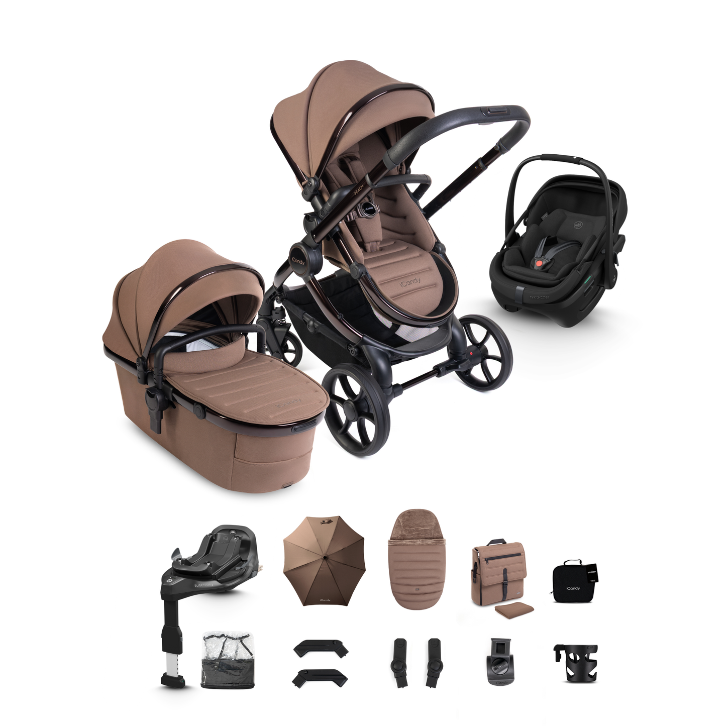 iCandy Peach 8 Complete Travel System Bundle with Maxi Cosi Coral Slide Pro Infant Car Seat & Isofix Base