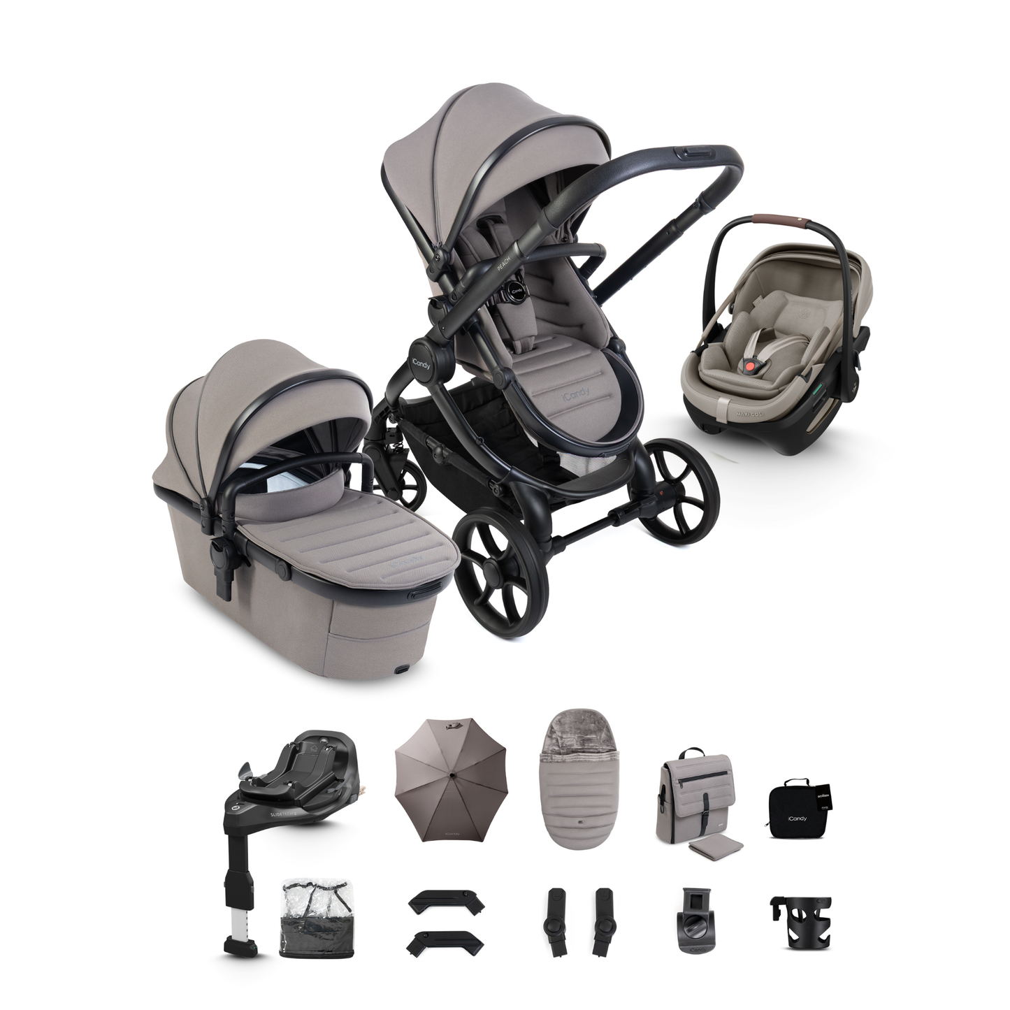 iCandy Peach 8 Complete Travel System Bundle with Maxi Cosi Coral Slide Pro Infant Car Seat & Isofix Base