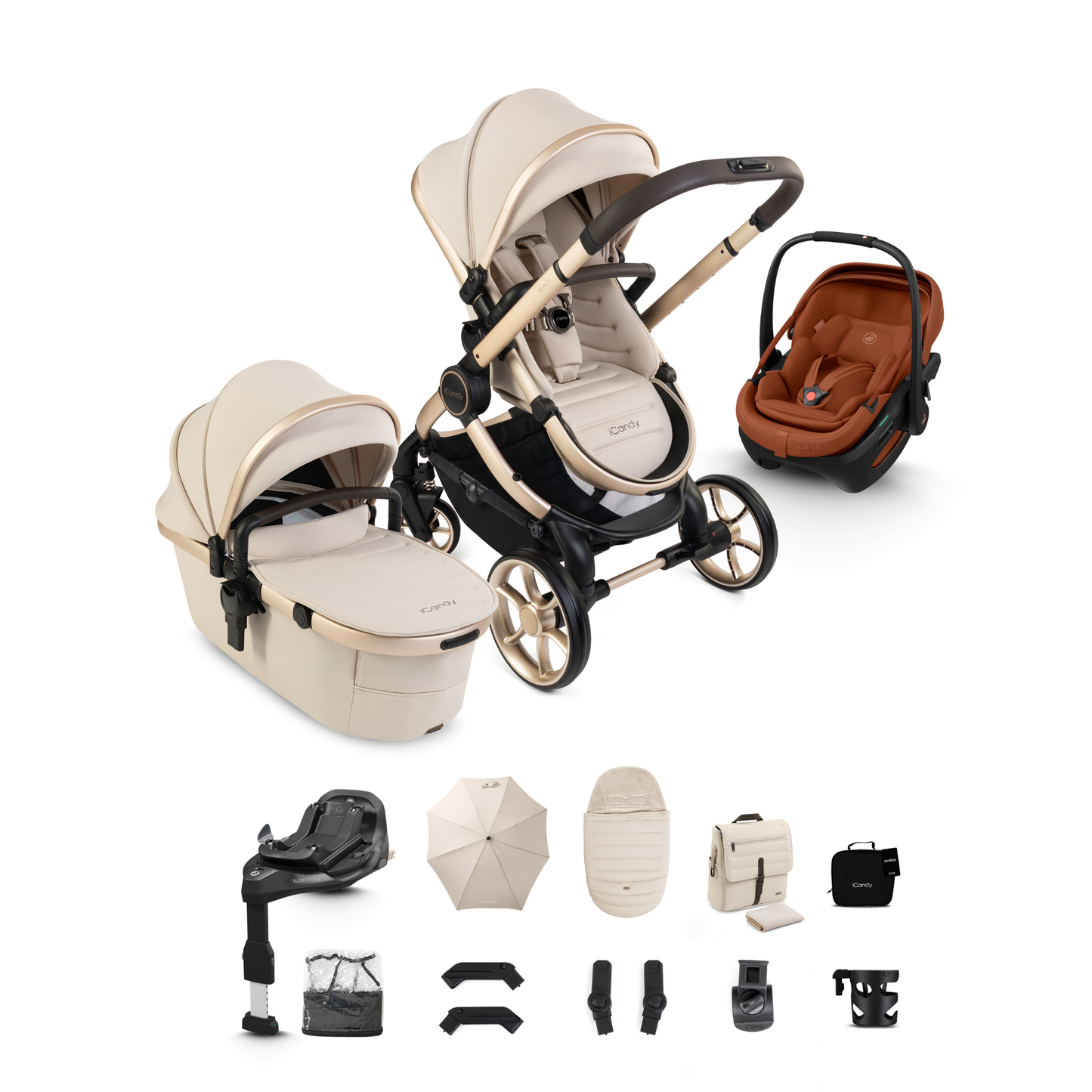 iCandy Peach 8 Complete Travel System Bundle with Maxi Cosi Coral Slide Pro Infant Car Seat & Isofix Base