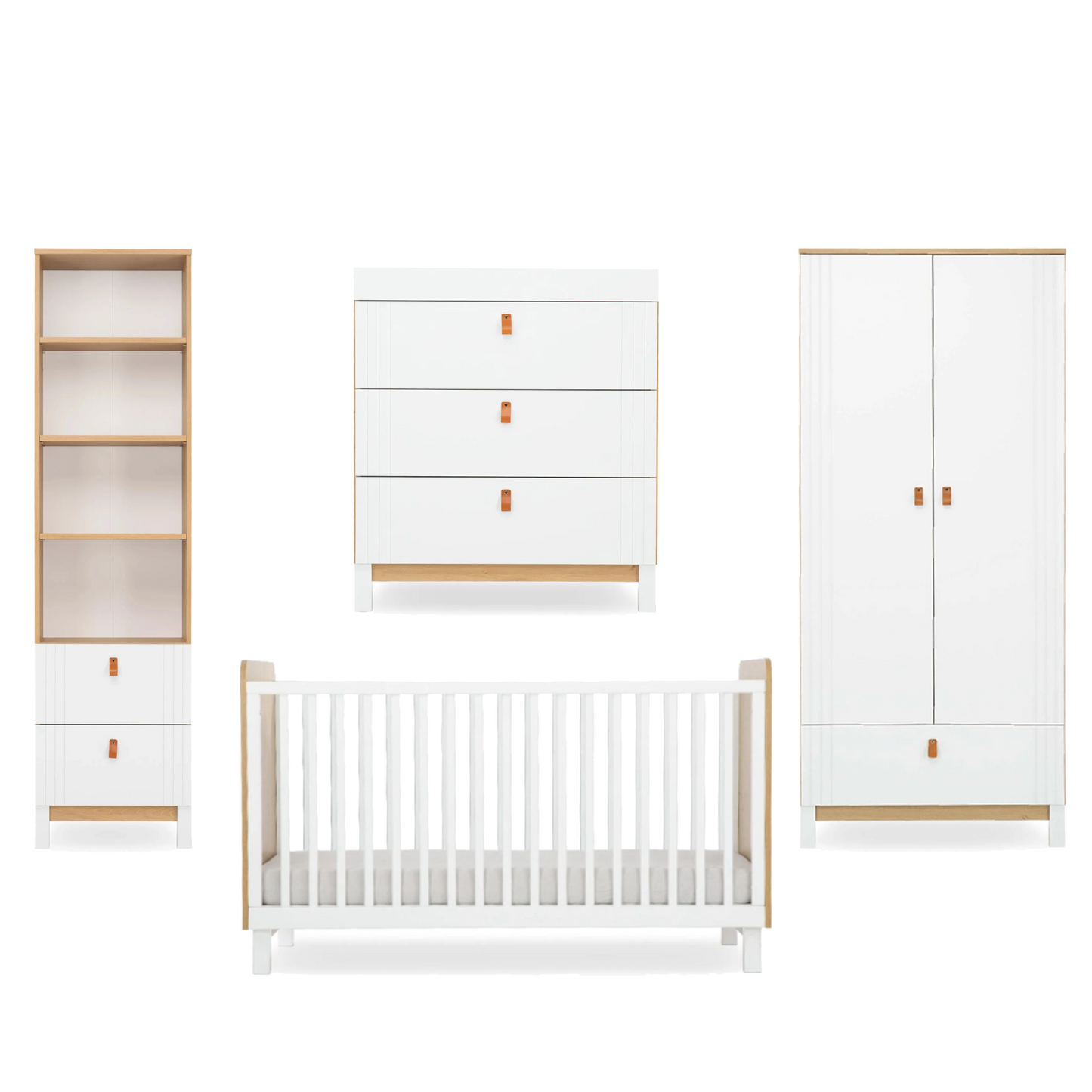 CuddleCo Rafi 4 Piece Set with Cot Bed, Dresser, Wardrobe and Bookcase