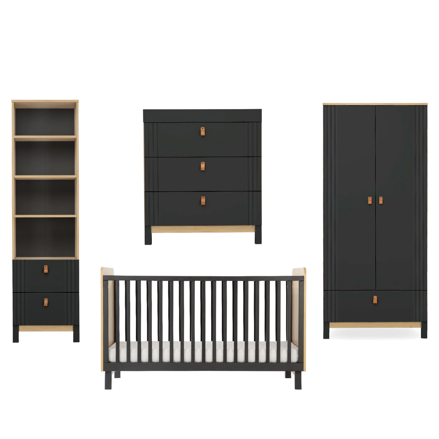 CuddleCo Rafi 4 Piece Set with Cot Bed, Dresser, Wardrobe and Bookcase