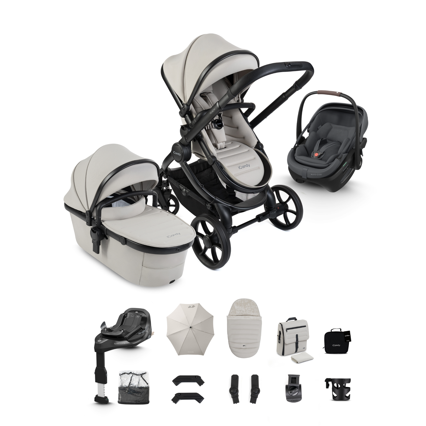 iCandy Peach 8 Complete Travel System Bundle with Maxi Cosi Coral Slide Pro Infant Car Seat & Isofix Base