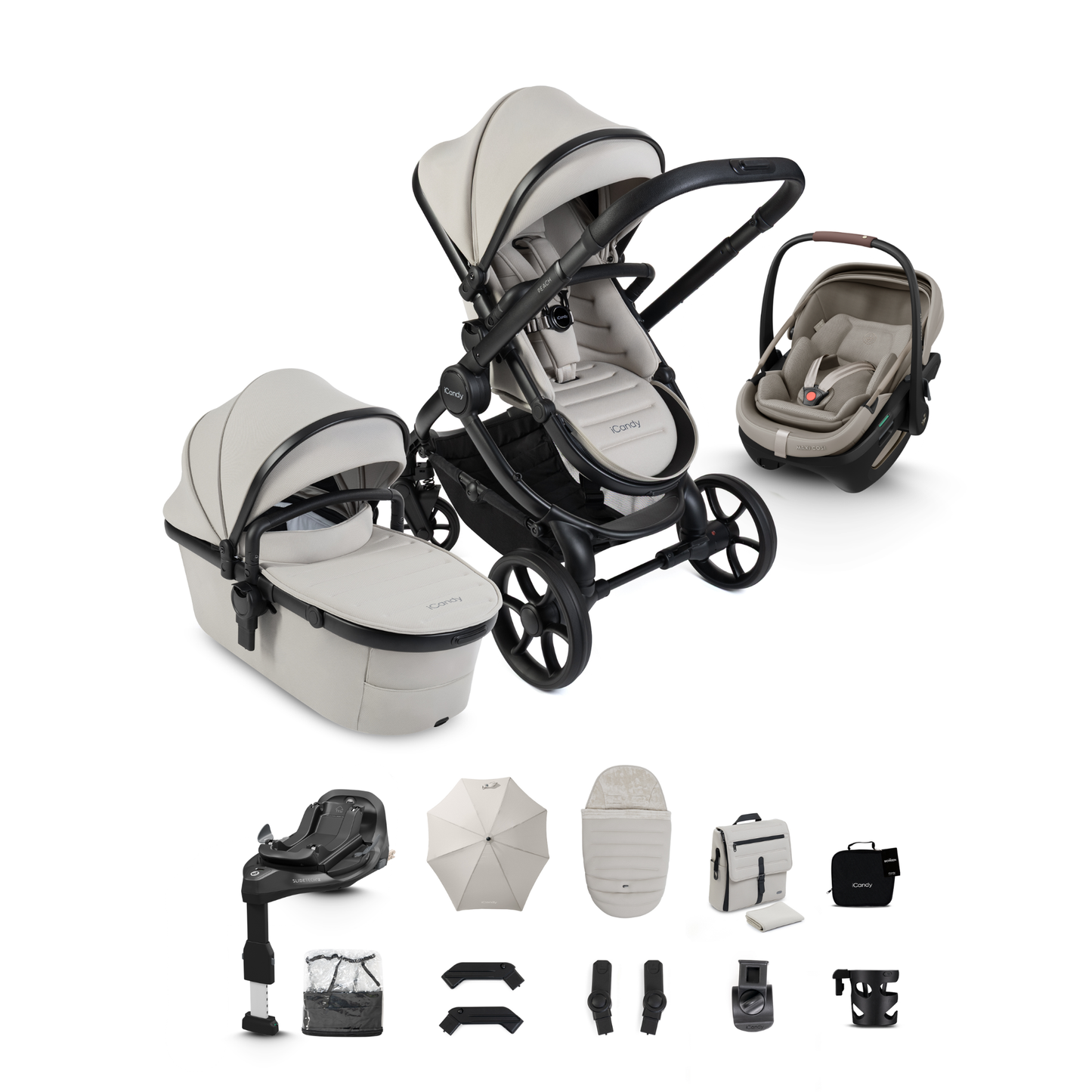 iCandy Peach 8 Complete Travel System Bundle with Maxi Cosi Coral Slide Pro Infant Car Seat & Isofix Base