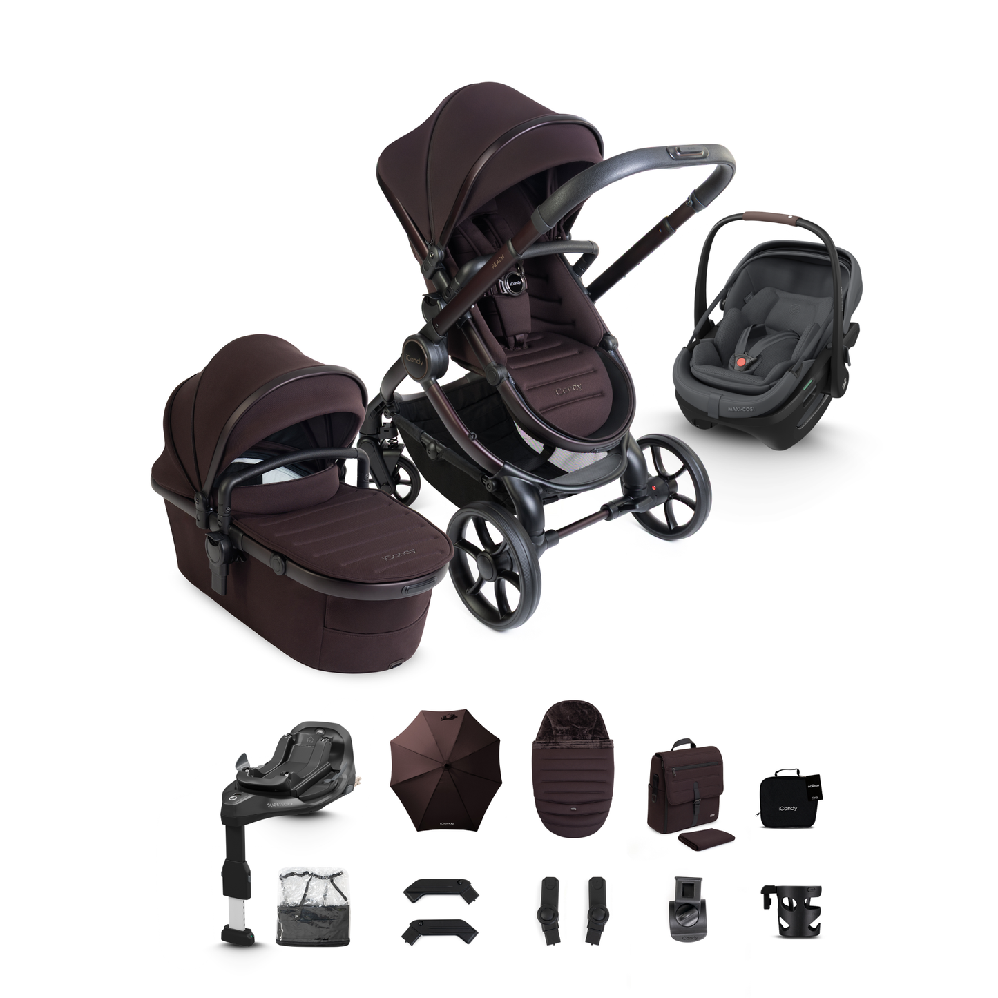 iCandy Peach 8 Complete Travel System Bundle with Maxi Cosi Coral Slide Pro Infant Car Seat & Isofix Base