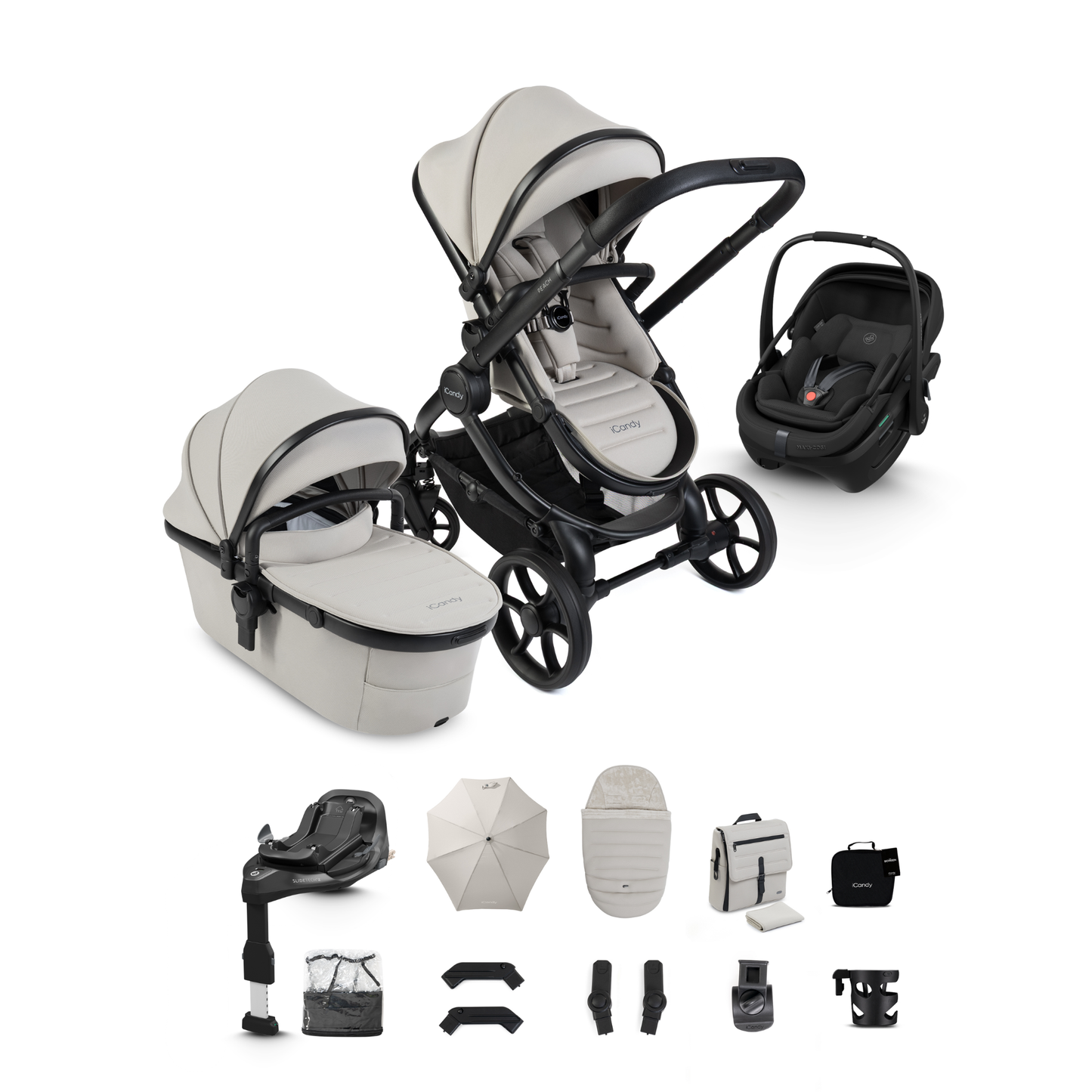 iCandy Peach 8 Complete Travel System Bundle with Maxi Cosi Coral Slide Pro Infant Car Seat & Isofix Base