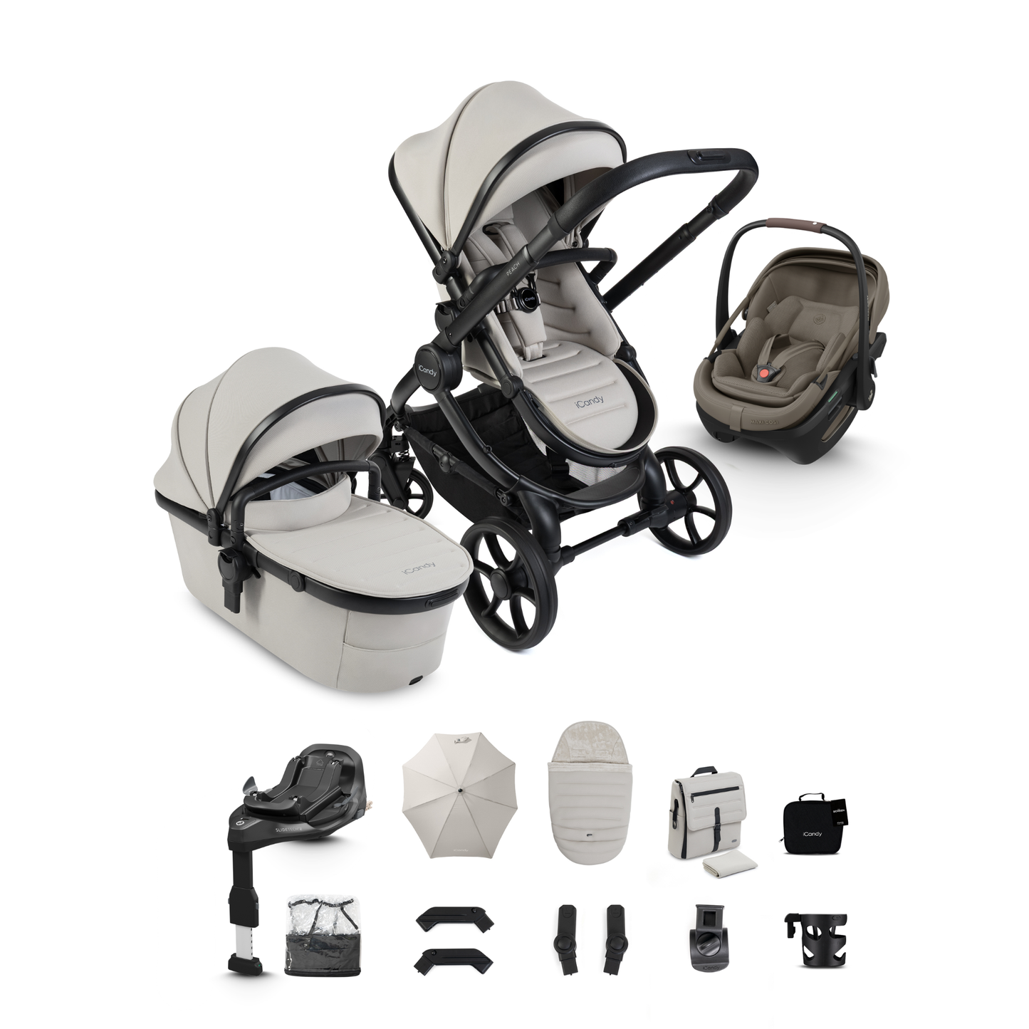 iCandy Peach 8 Complete Travel System Bundle with Maxi Cosi Coral Slide Pro Infant Car Seat & Isofix Base