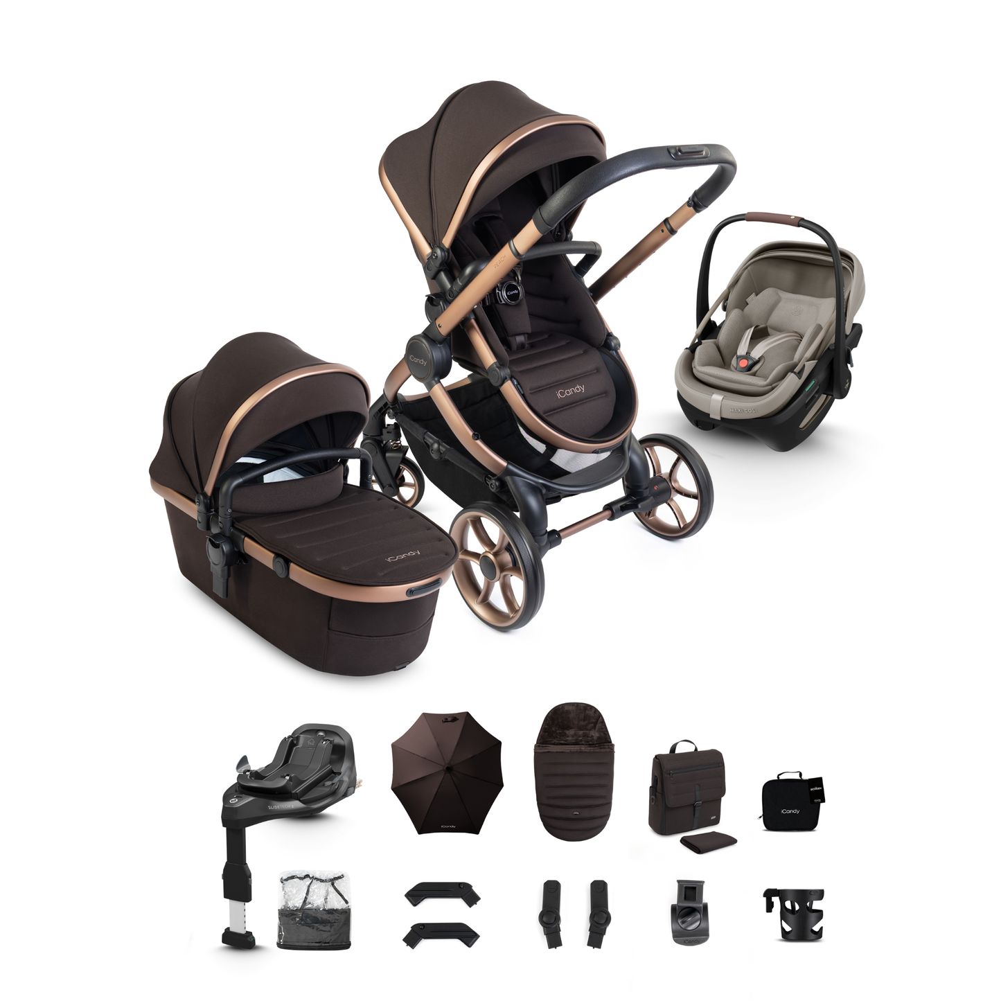 iCandy Peach 8 Complete Travel System Bundle with Maxi Cosi Coral Slide Pro Infant Car Seat & Isofix Base