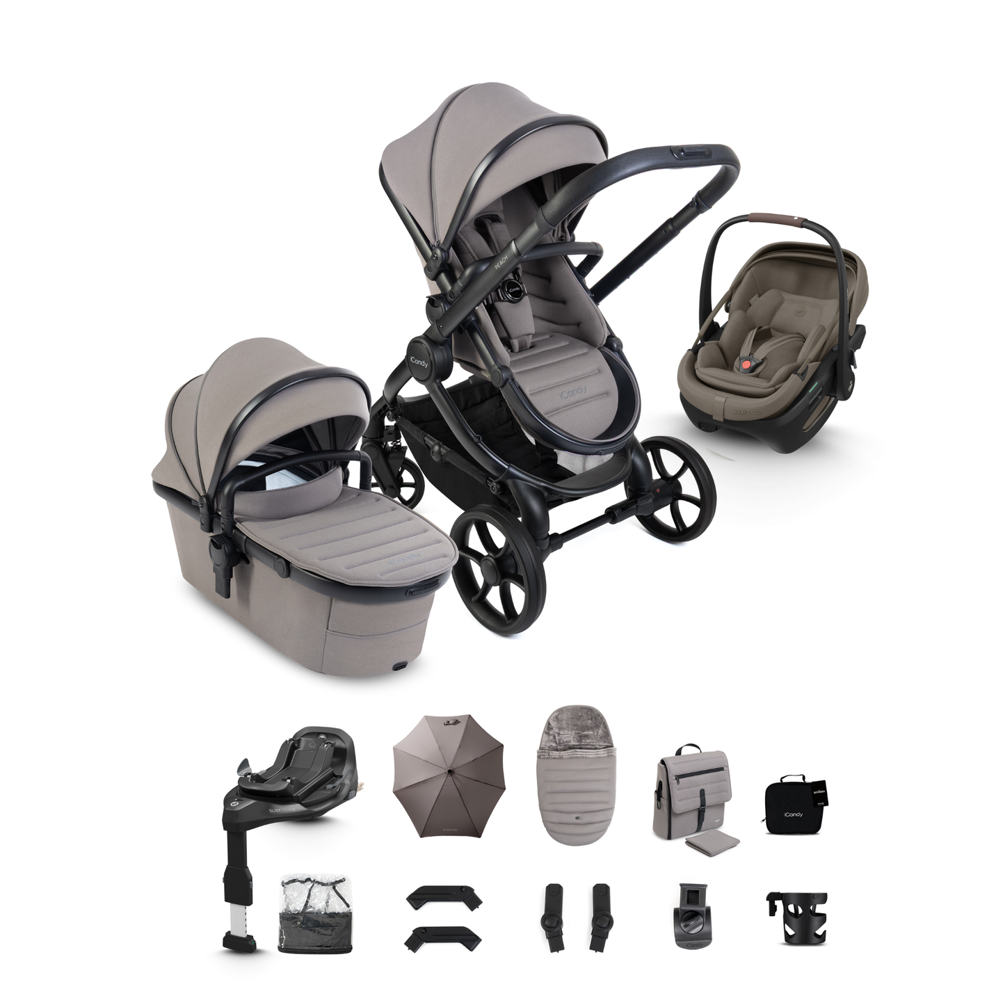 iCandy Peach 8 Complete Travel System Bundle with Maxi Cosi Coral Slide Pro Infant Car Seat & Isofix Base