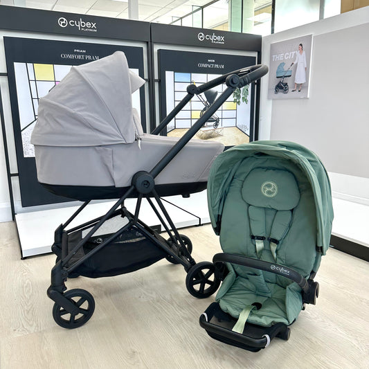 Ex Display Cybex Mios with Black Frame, Grey Carrycot & Green Seat Unit