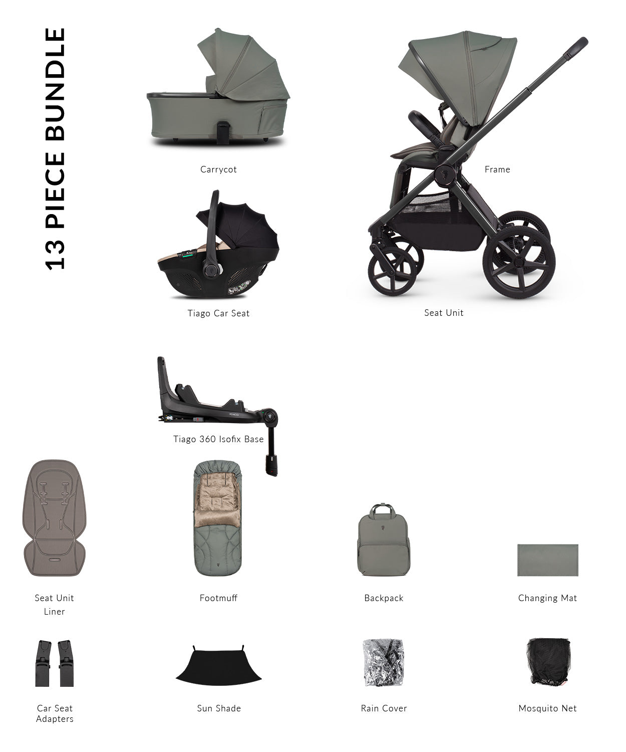 Venicci Upline 3 - 4-in-1 Luxury Travel System Bundle with Tiago 360 Infant Car Seat & Base