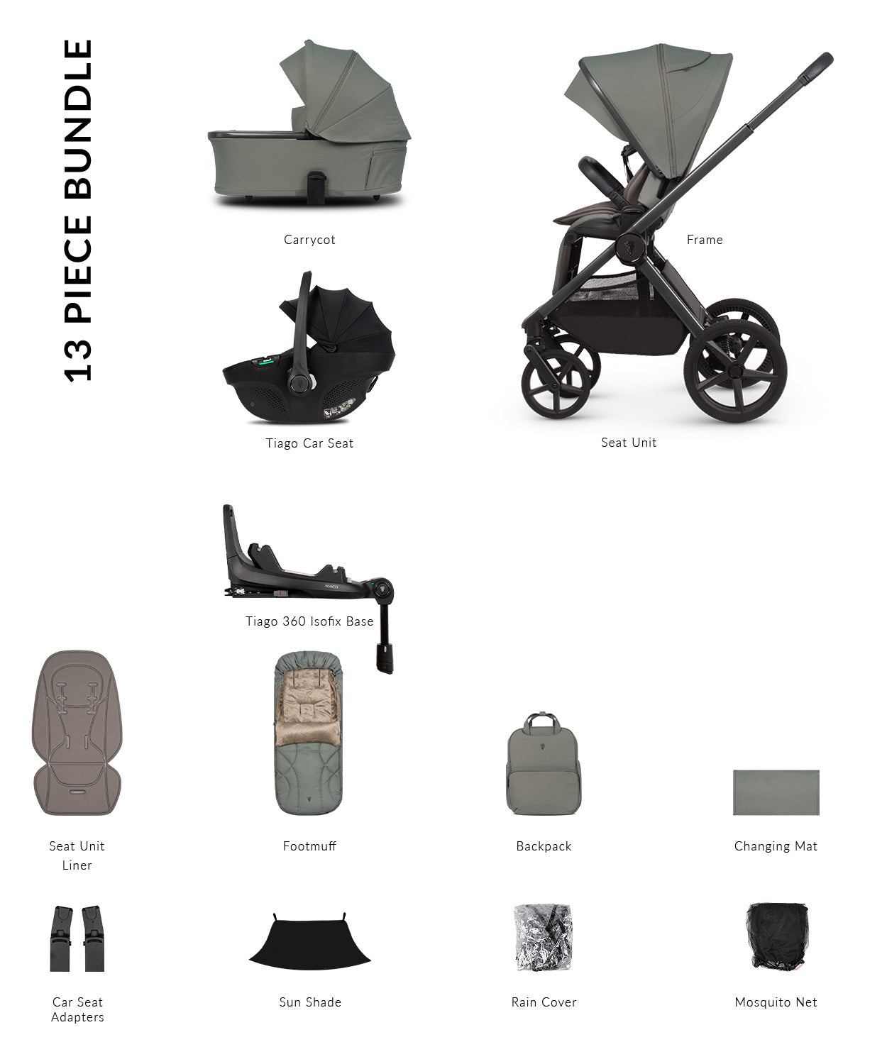 Venicci Upline 3 - 4-in-1 Luxury Travel System Bundle with Tiago 360 Infant Car Seat & Base