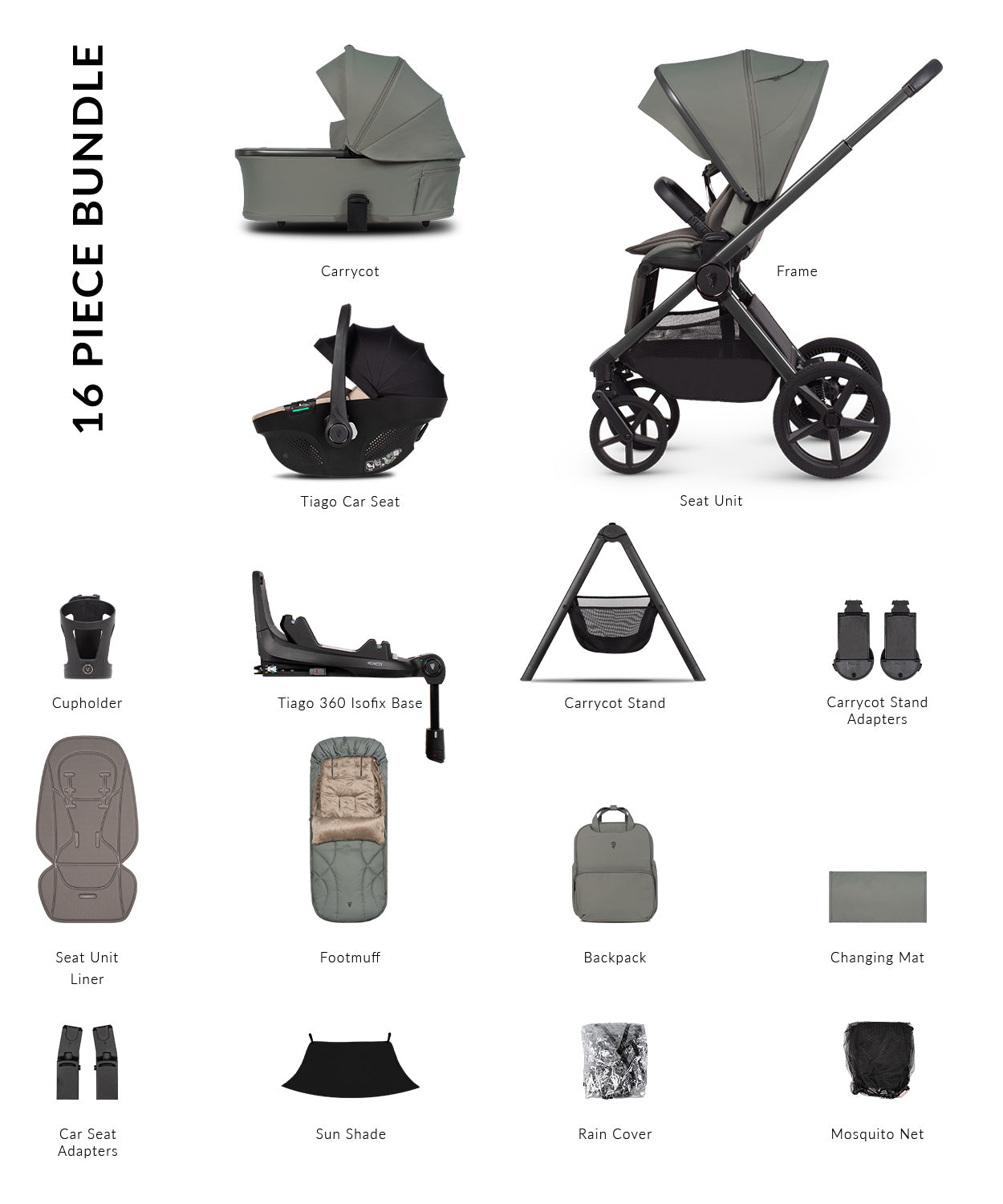 Venicci Upline 3 - 4-in-1 Ultimate Travel System Bundle with Tiago 360 Car Seat & Base