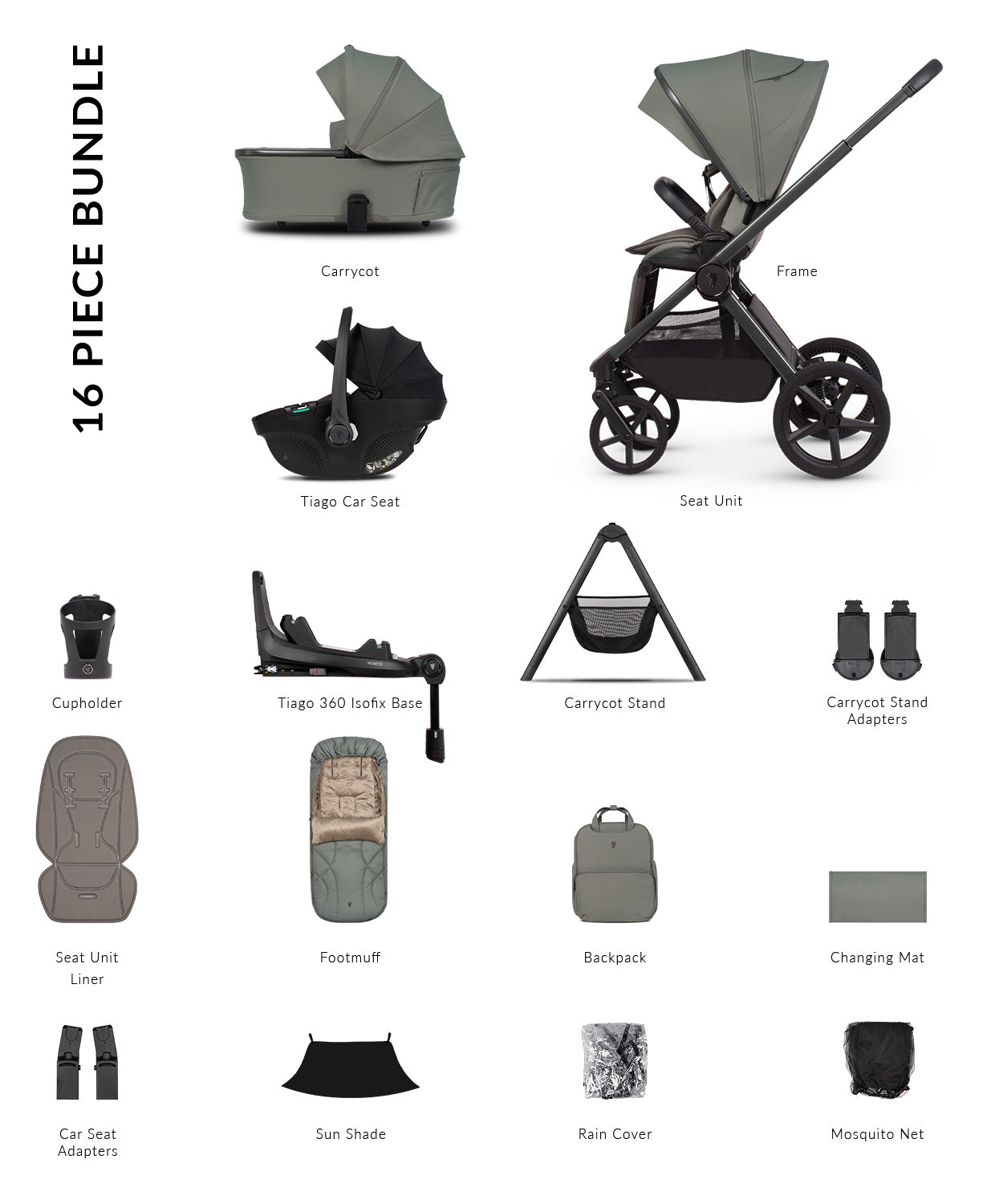 Venicci Upline 3 - 4-in-1 Ultimate Travel System Bundle with Tiago 360 Car Seat & Base