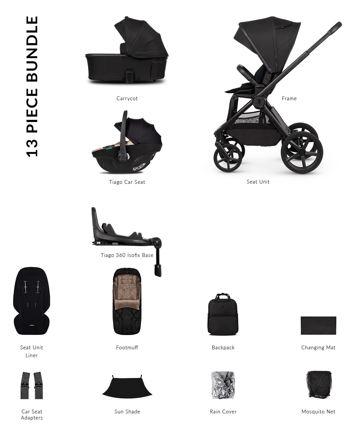 Venicci Upline 3 - 4-in-1 Luxury Travel System Bundle with Tiago 360 Infant Car Seat & Base