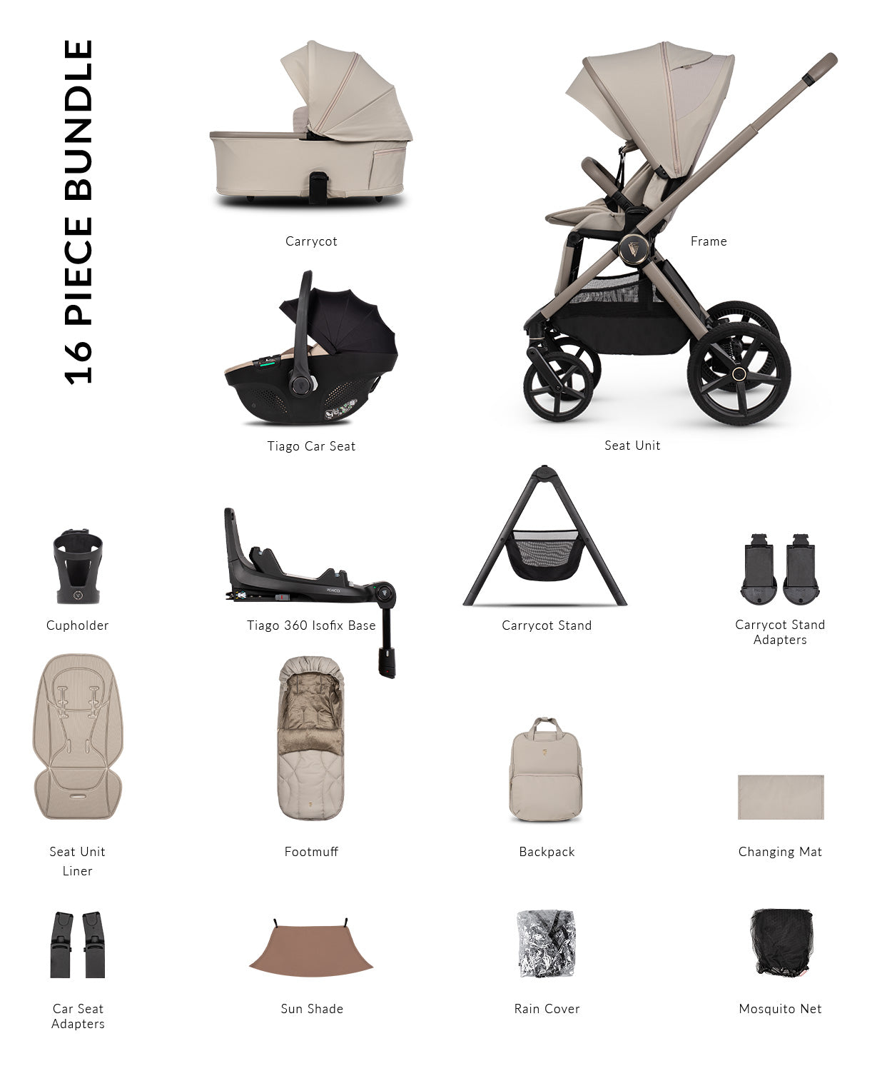 Venicci Upline 3 - 4-in-1 Ultimate Travel System Bundle with Tiago 360 Car Seat & Base