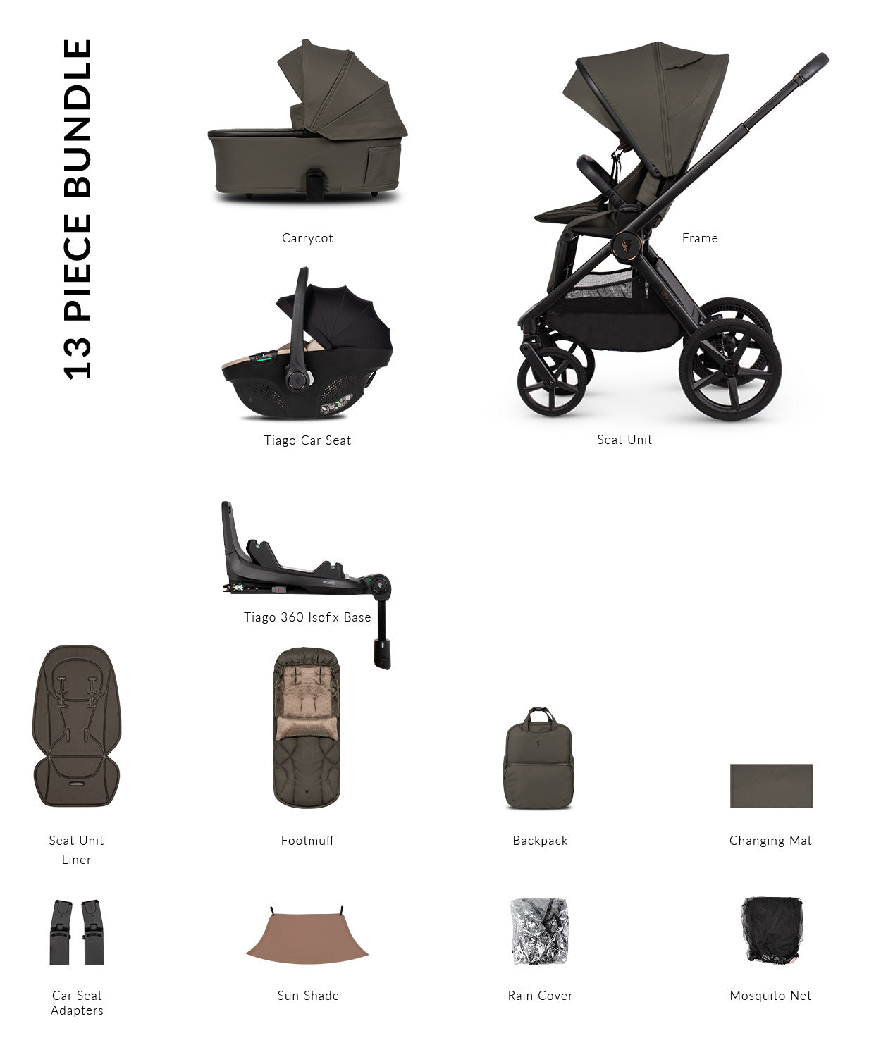 Venicci Upline 3 - 4-in-1 Luxury Travel System Bundle with Tiago 360 Infant Car Seat & Base