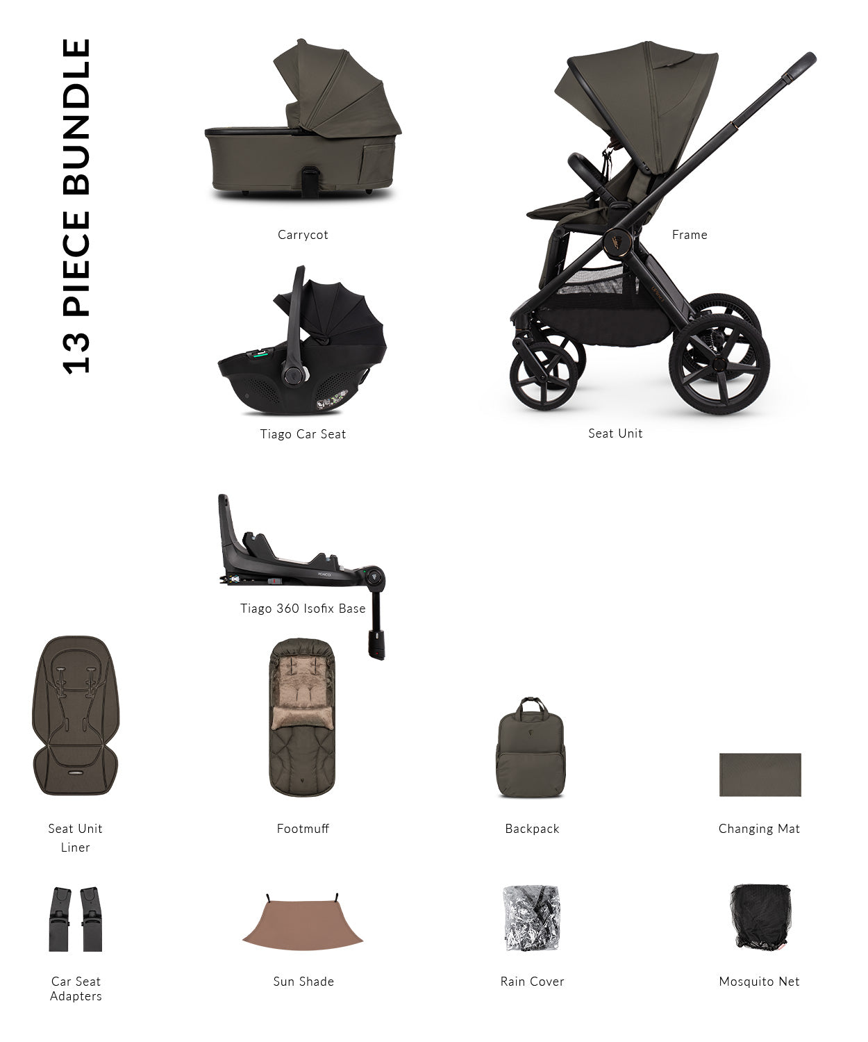 Venicci Upline 3 - 4-in-1 Luxury Travel System Bundle with Tiago 360 Infant Car Seat & Base