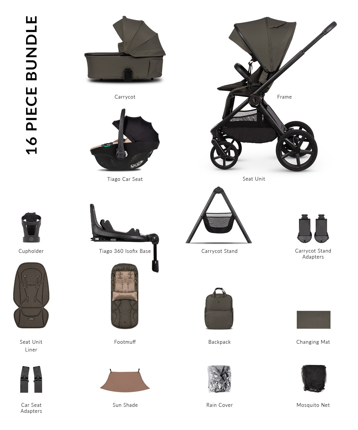 Venicci Upline 3 - 4-in-1 Ultimate Travel System Bundle with Tiago 360 Car Seat & Base