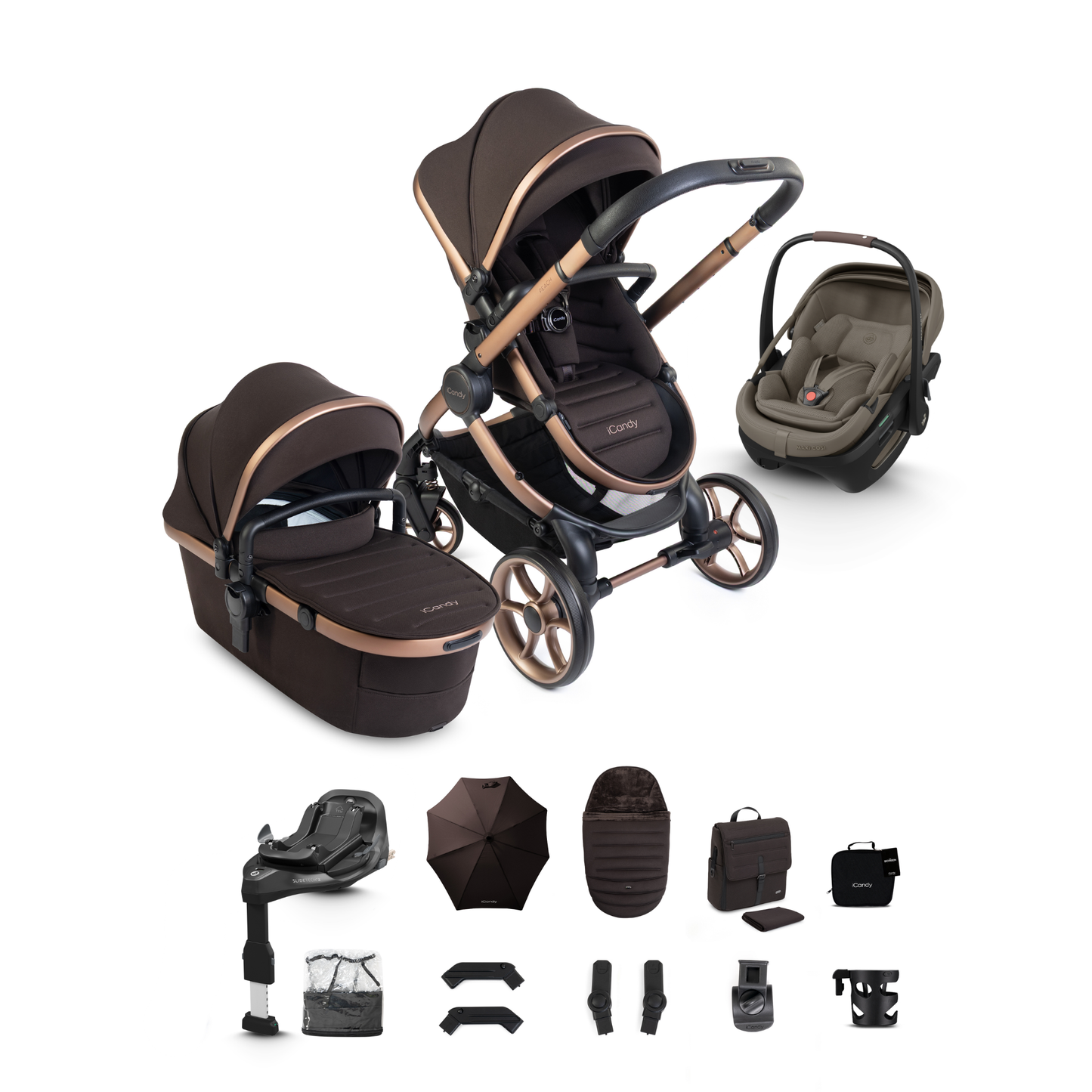 iCandy Peach 8 Complete Travel System Bundle with Maxi Cosi Coral Slide Pro Infant Car Seat & Isofix Base