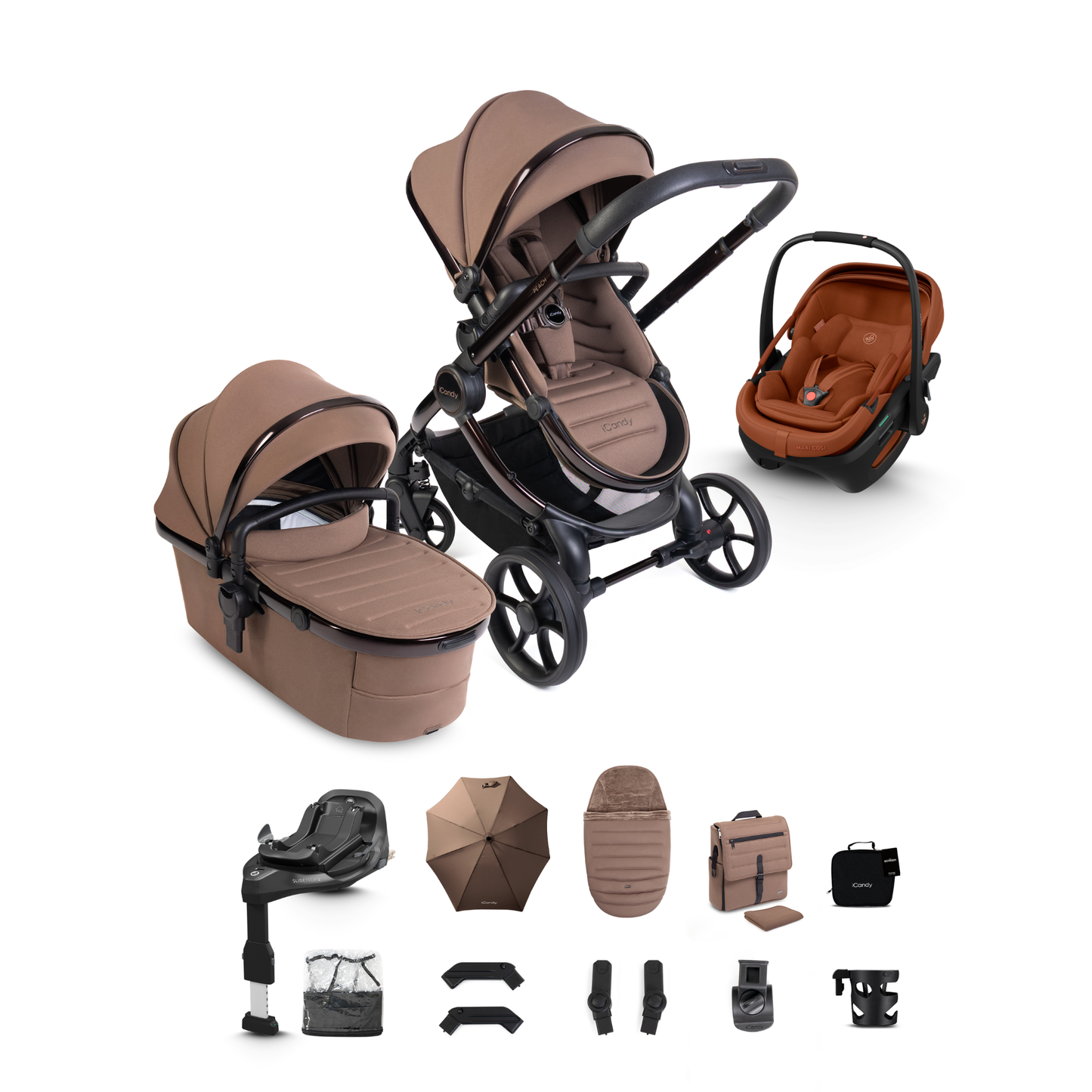 iCandy Peach 8 Complete Travel System Bundle with Maxi Cosi Coral Slide Pro Infant Car Seat & Isofix Base