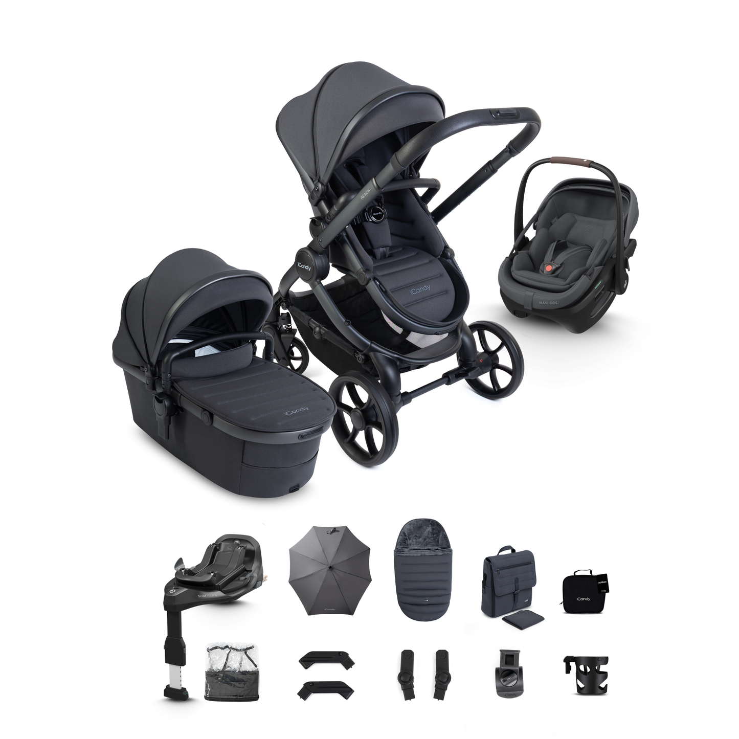iCandy Peach 8 Complete Travel System Bundle with Maxi Cosi Coral Slide Pro Infant Car Seat & Isofix Base