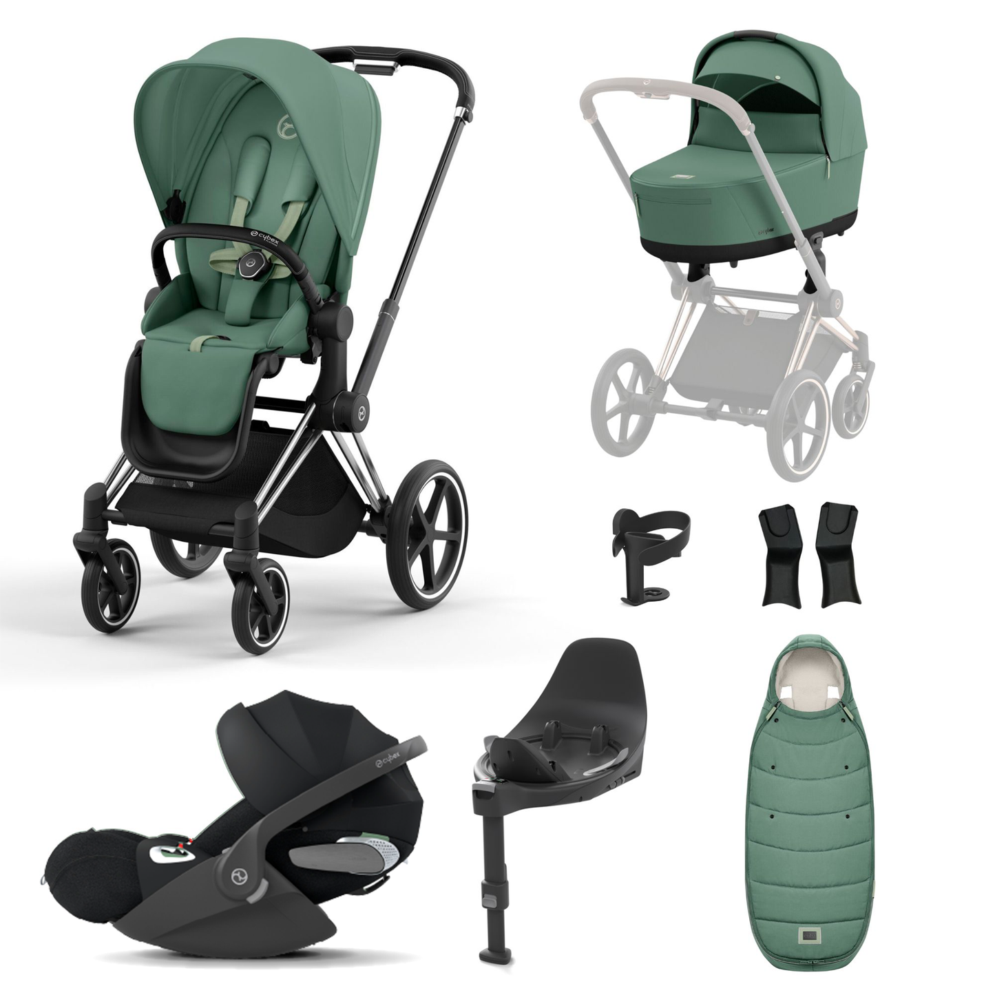 A set of images showcasing a Cybex Priam 2023 stroller in green, including configurations with a Lux carrycot, seating unit, rain cover, car seat adaptor, cup holder, and footmuff.