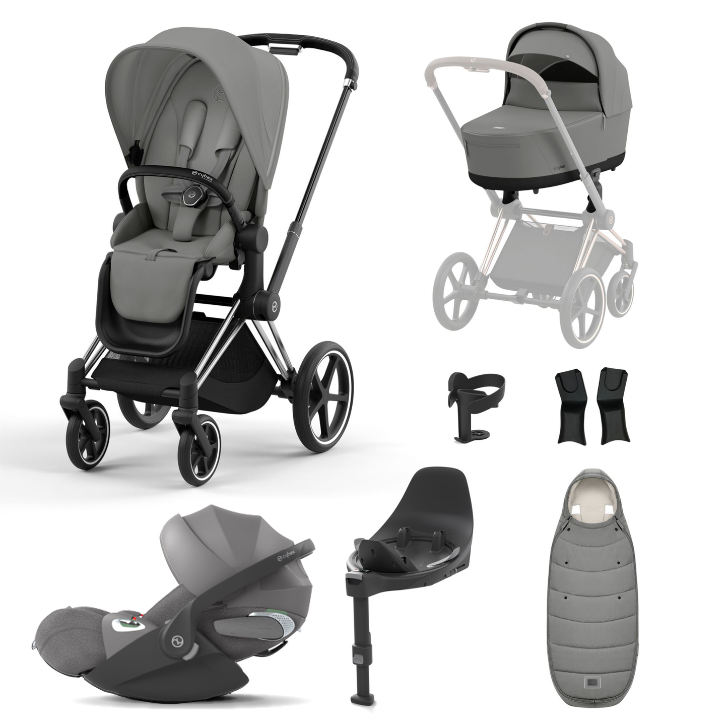 A set of images showcasing a Cybex Priam 2023 stroller in green, including configurations with a Lux carrycot, seating unit, rain cover, car seat adaptor, cup holder, and footmuff.