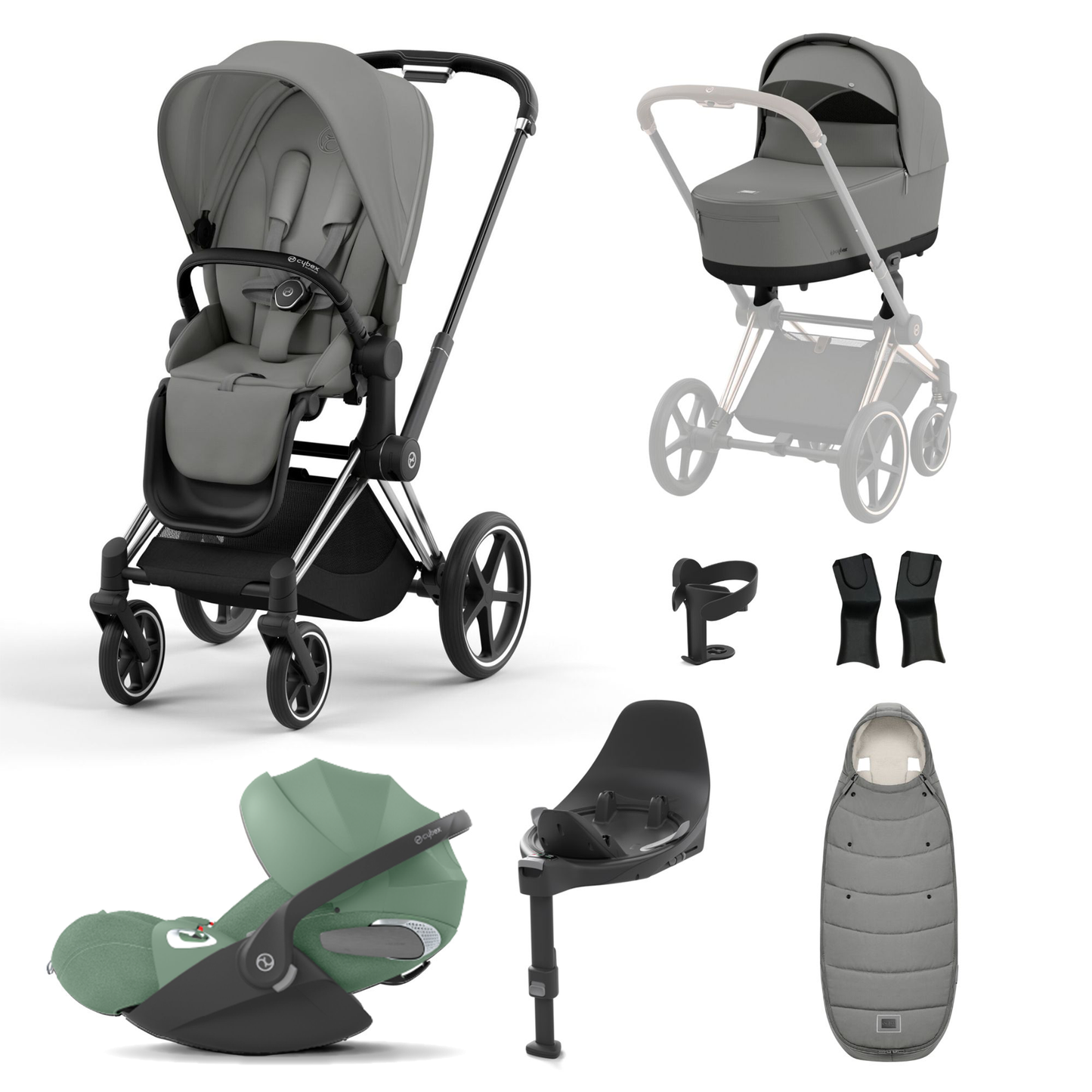 A set of images showcasing a Cybex Priam 2023 stroller in green, including configurations with a Lux carrycot, seating unit, rain cover, car seat adaptor, cup holder, and footmuff.